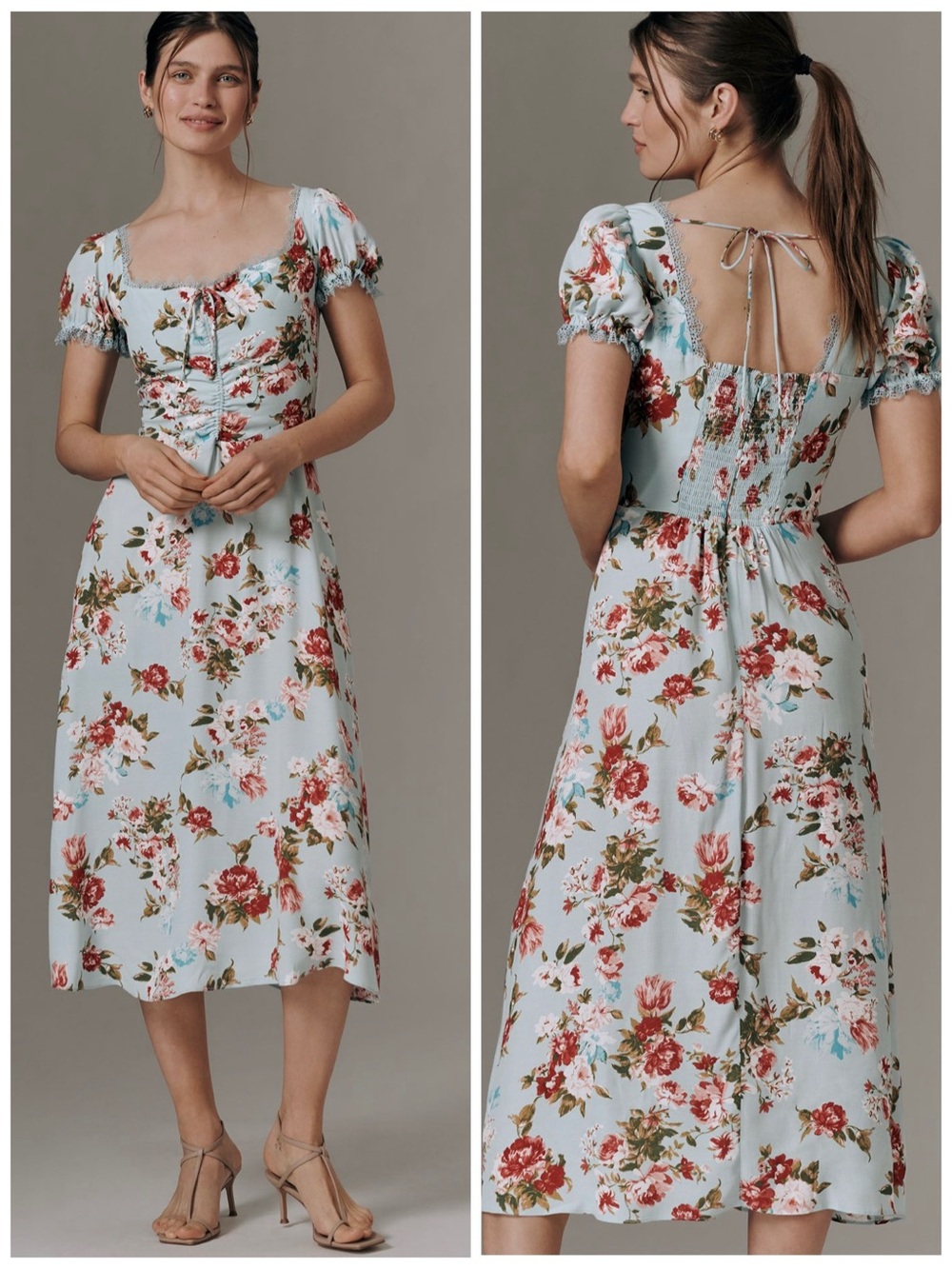 Anthropologie Coquette Coastal Floral Puff Sleeve Midi Dress NWT Medium Blue